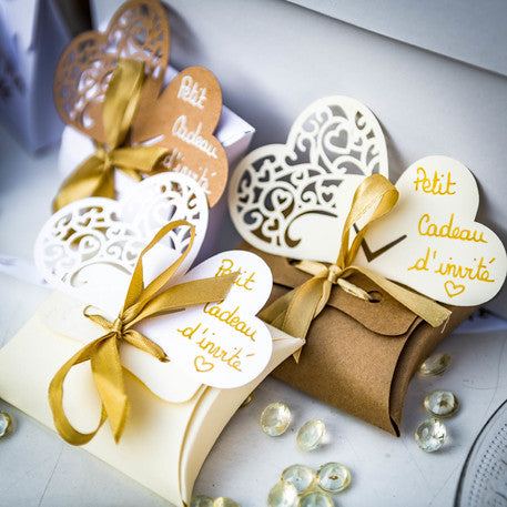 10 cutii albe cu panglică de satin auriu, 10 x 7,5 cm cm pentru migdale zaharite