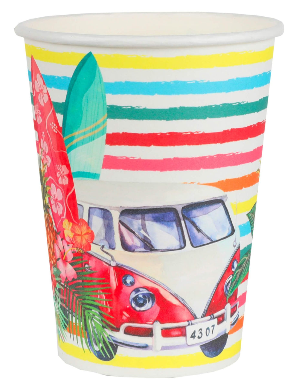 Pahar din carton Aloha multicolor cu motiv de furgonetă roșu și plăci de surf