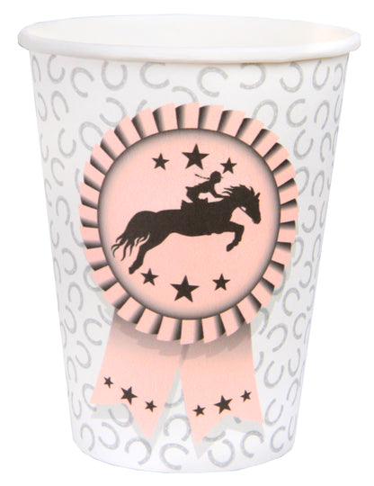 Gobelets en carton équitation motif fer à cheval blanc et rose