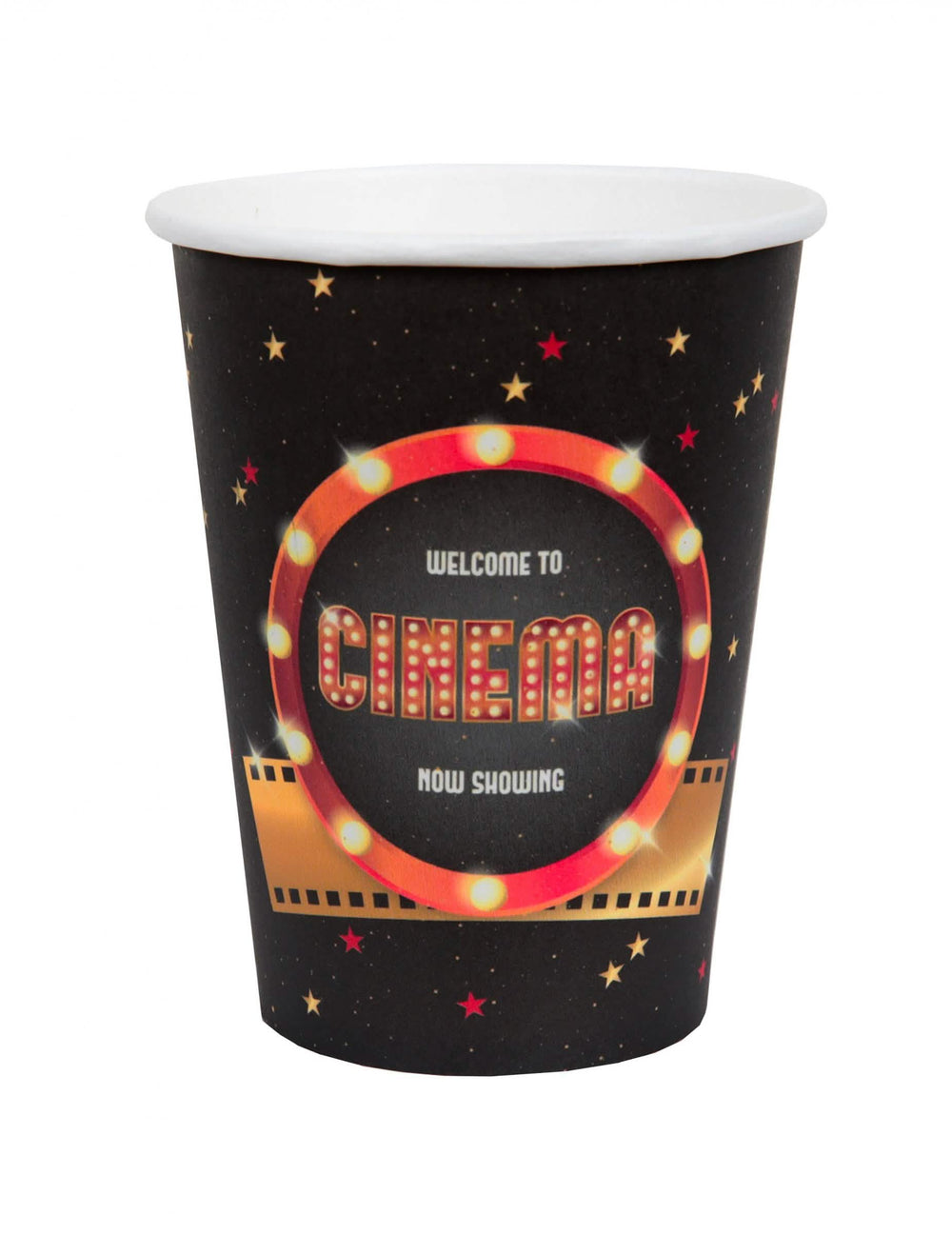 Pahare din carton hollywood pentru petrecere, negre, cu model cinema și stele aurii