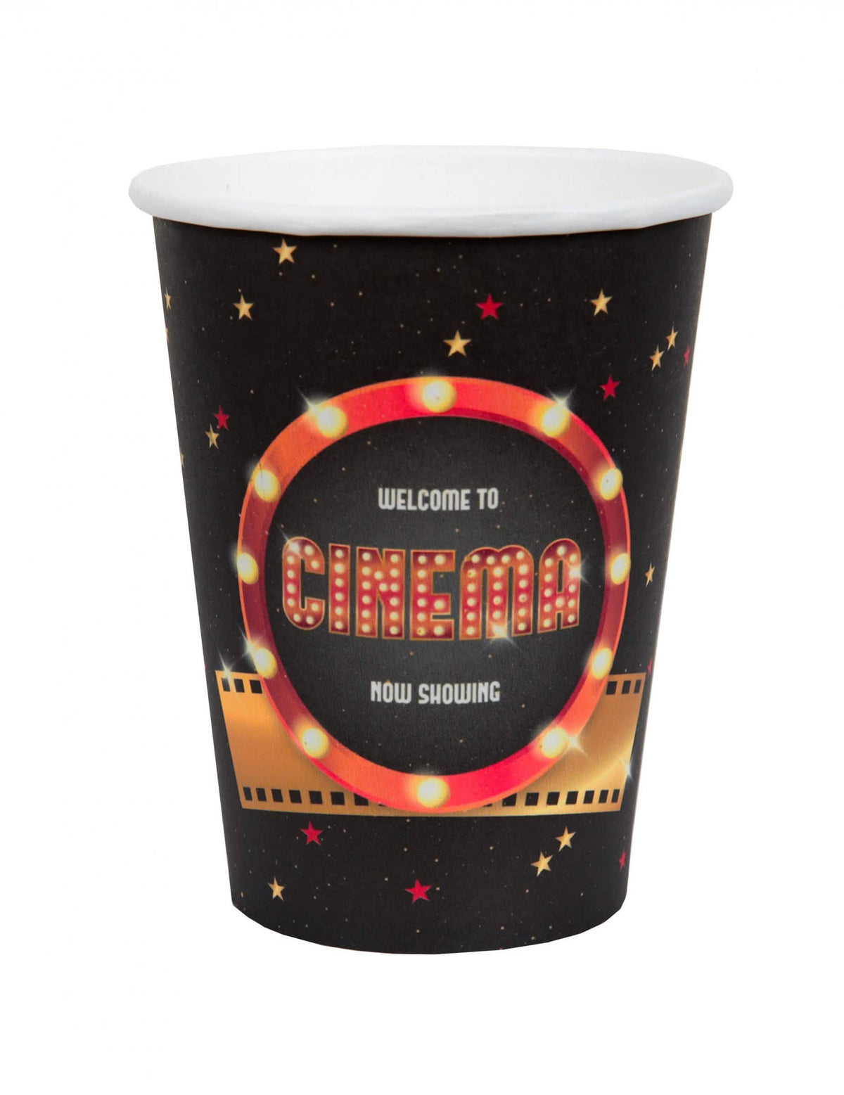 Pahare din carton hollywood pentru petrecere, negre, cu model cinema și stele aurii