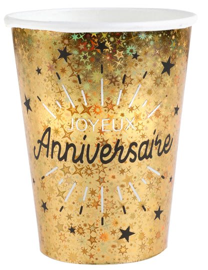 Gobelets en carton Joyeux Anniversaire pour fête noir et or avec motifs d'étoiles