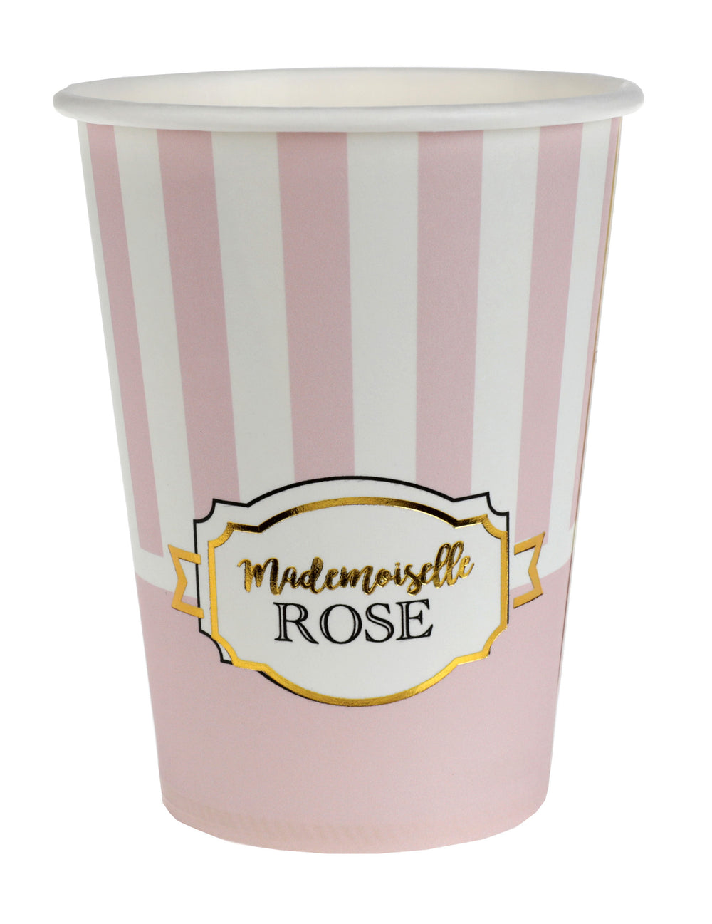 Gobelets en carton Mademoiselle Rose pour baby shower rayés roses et blancs