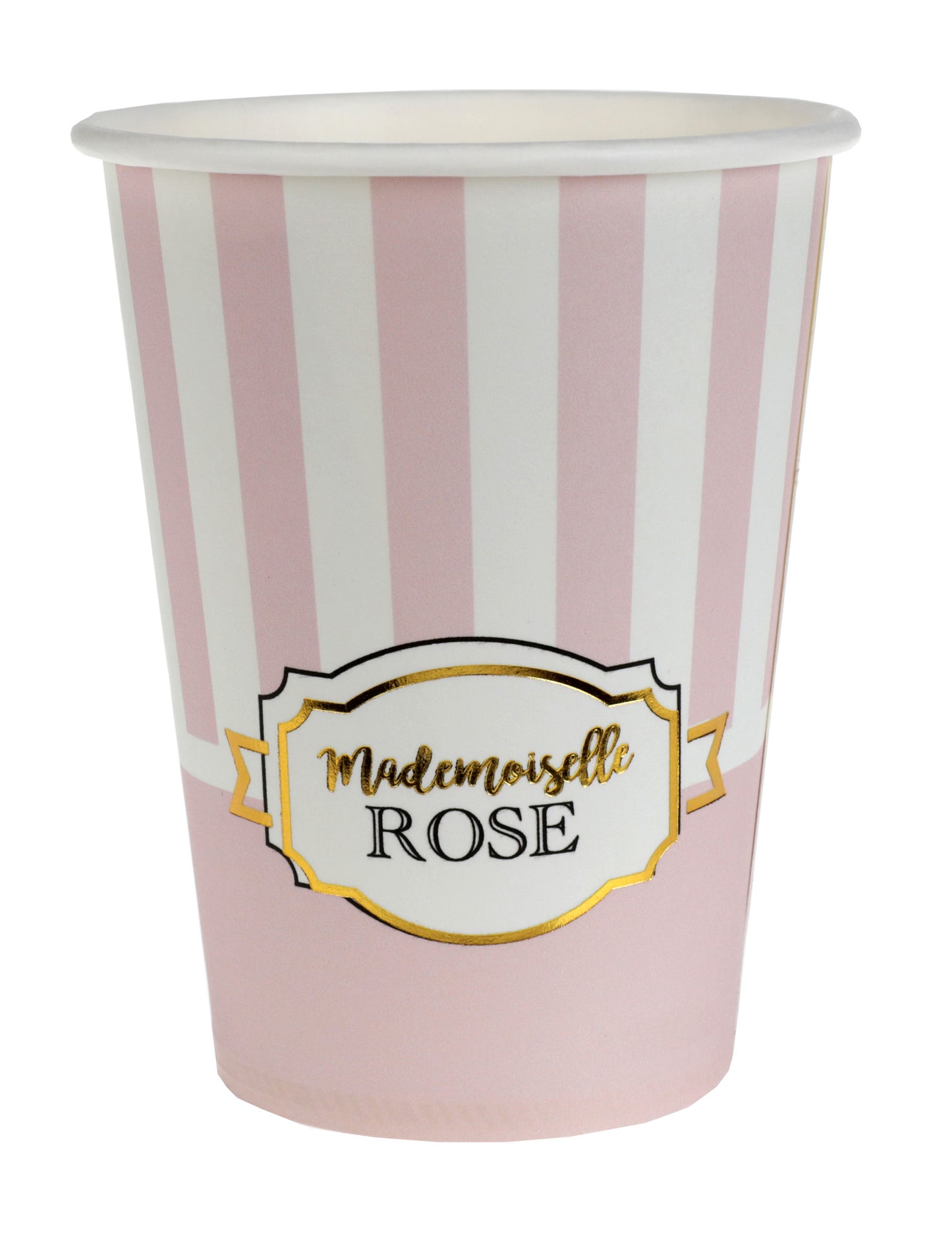 Gobelets en carton Mademoiselle Rose pour baby shower rayés roses et blancs