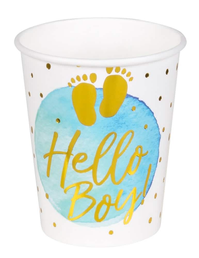 Pahare din carton Hello Boy pentru baby shower albastru și auriu cu buline aurii