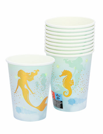 10 pahare de carton albastre și aurii cu tematică de sirenă, 210 ml