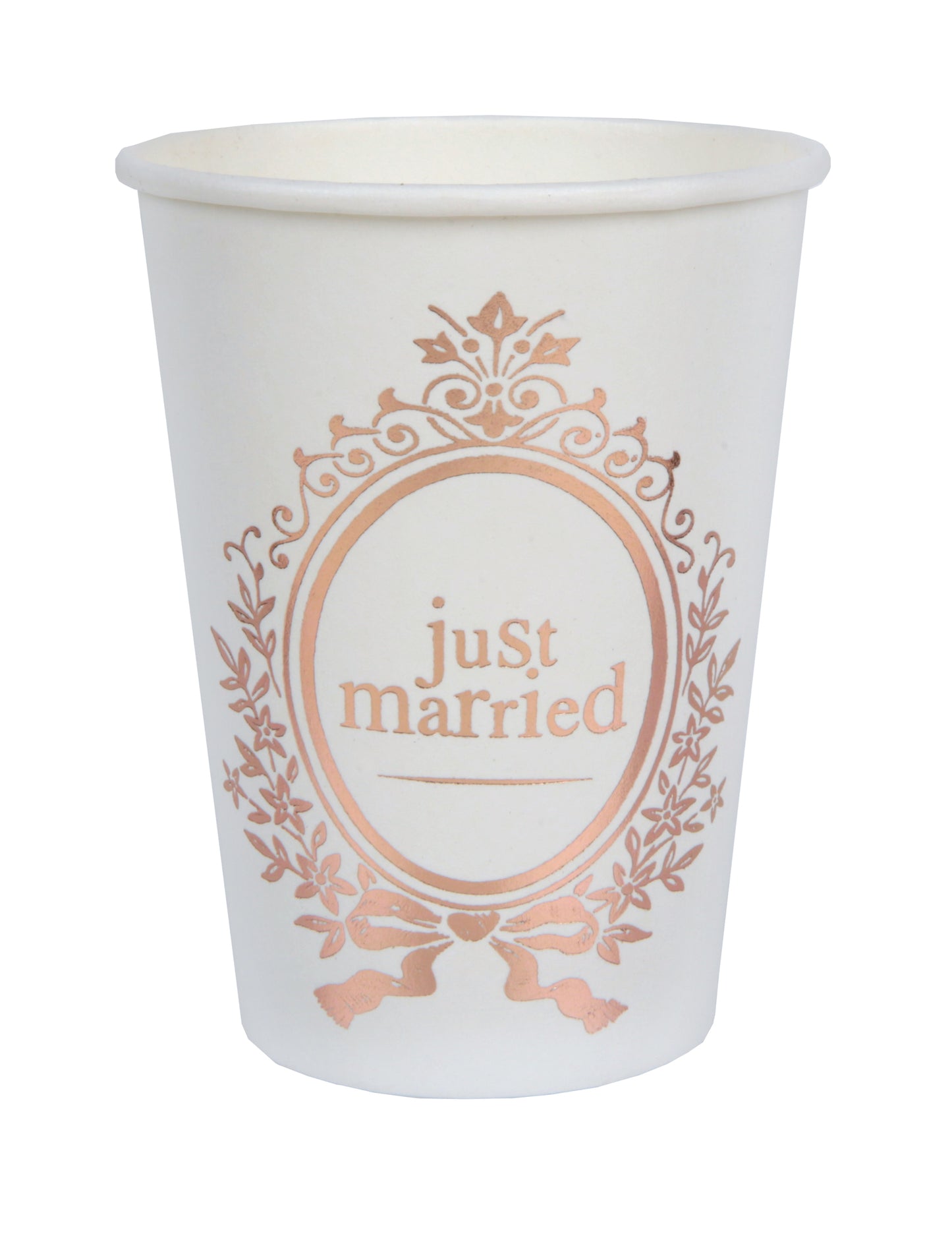Gobelets en carton Just Married pour mariage blancs et rose gold romantique chic
