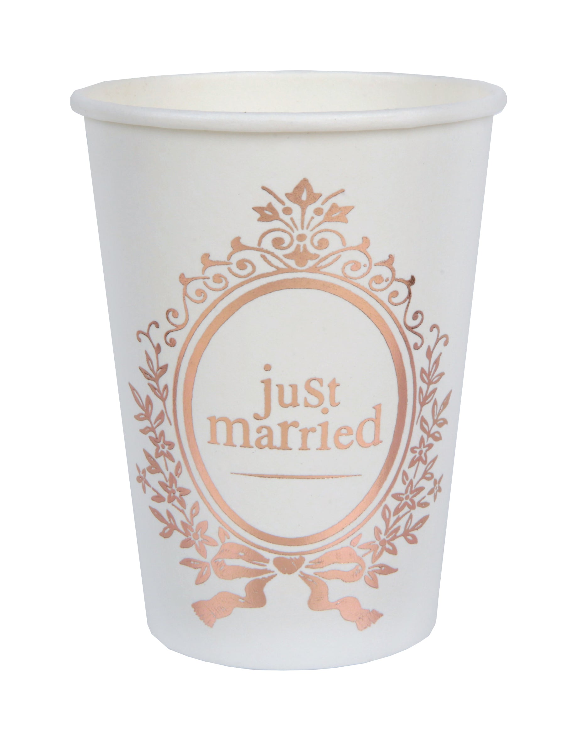 Gobelets en carton Just Married pour mariage blancs et rose gold romantique chic