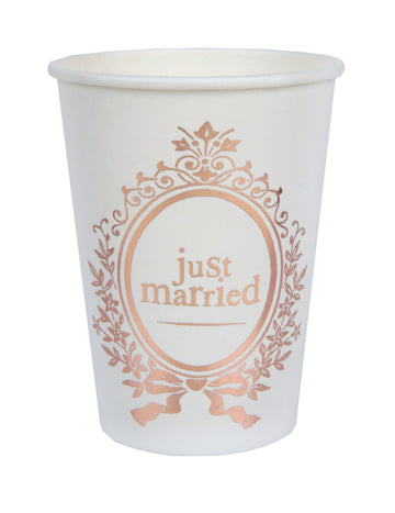 10 pahare de carton „Just Married” alb și auriu roz, 27 cl, romantice și elegante