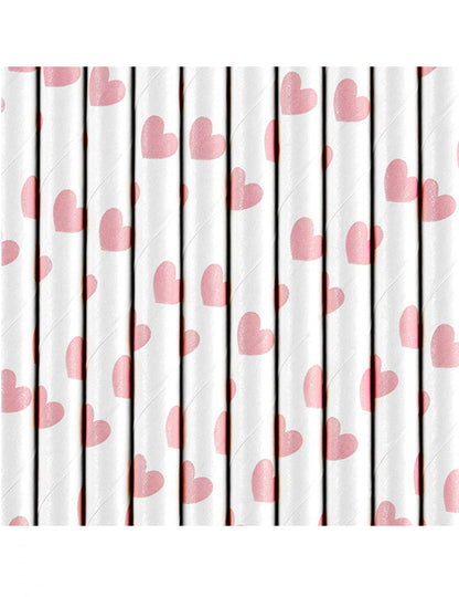 10 pailles en carton blanches cœurs roses 19,5 cm saint valentin