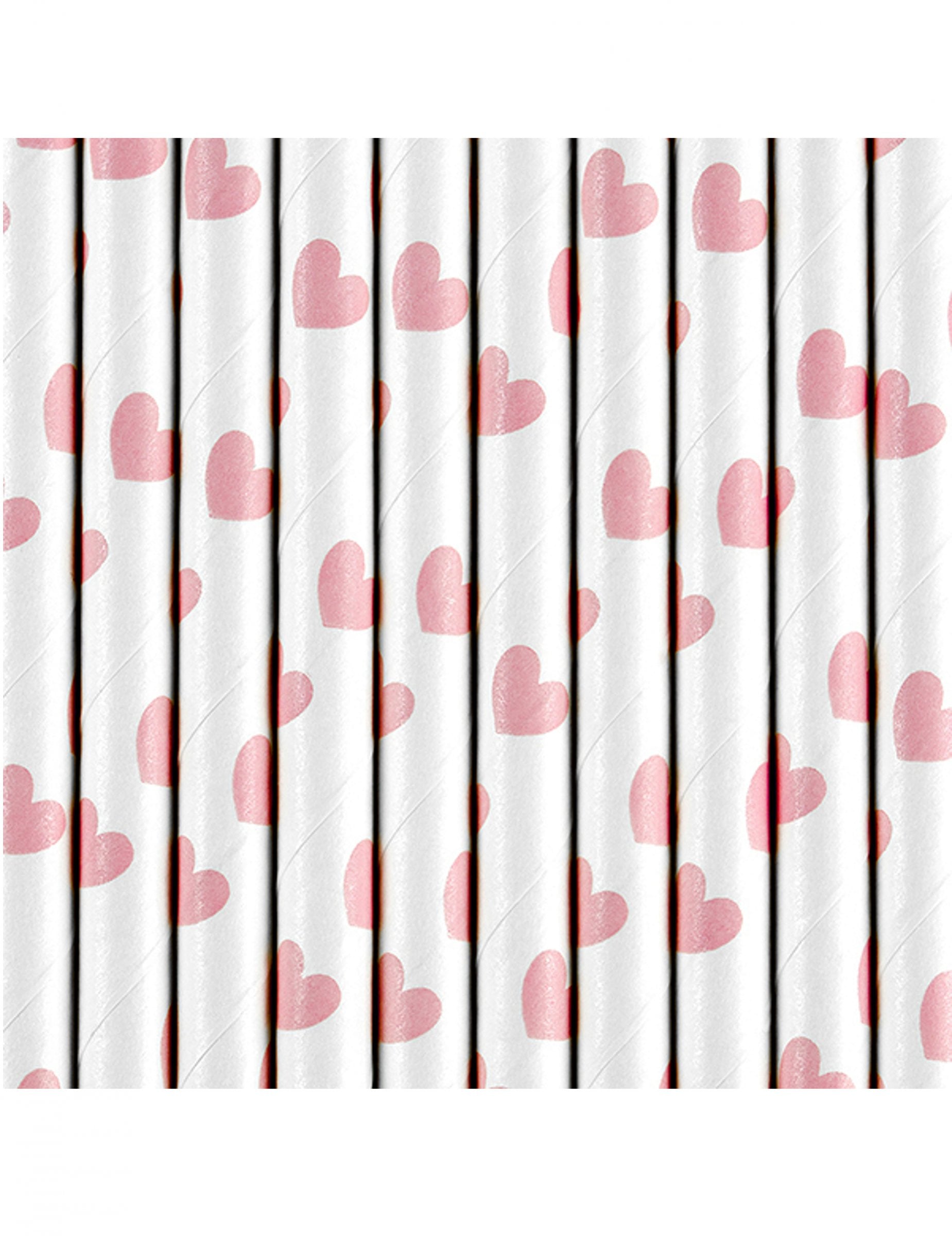 Gros plan sur les motifs de cœurs roses des pailles en carton Saint-Valentin