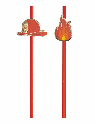 Pailles en carton Pompier rouges avec médaillons casque et flamme