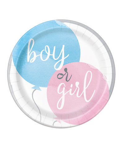 Assiettes en carton girl or boy pour gender reveal bleu et rose avec motifs de ballons