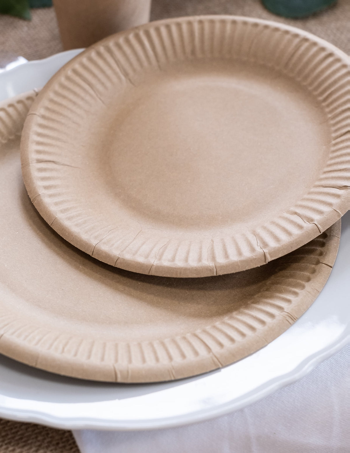 Gros plan sur l'empilement des assiettes en carton kraft marron recyclables