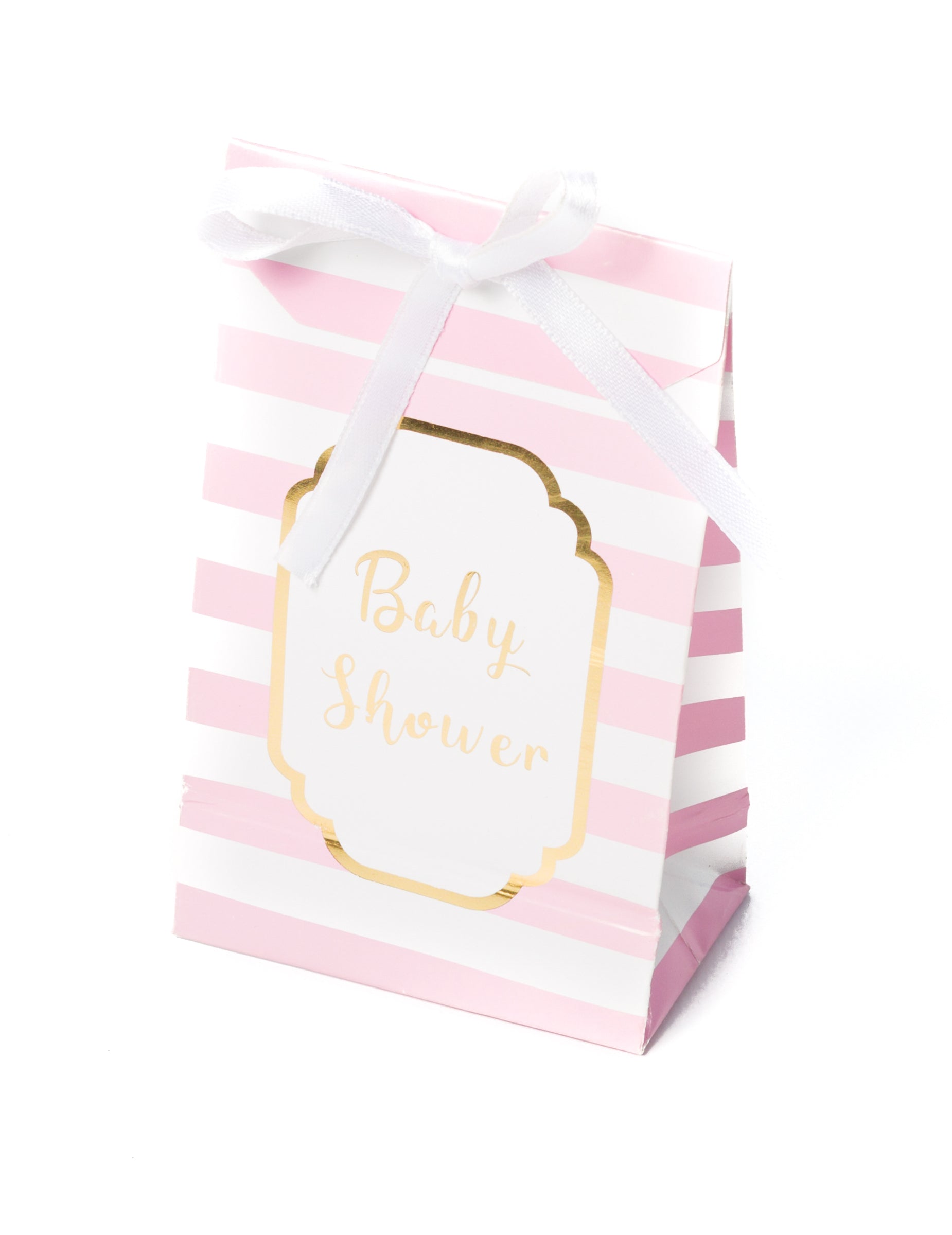 Pochettes cadeaux baby shower rose et or à rayures avec ruban blanc