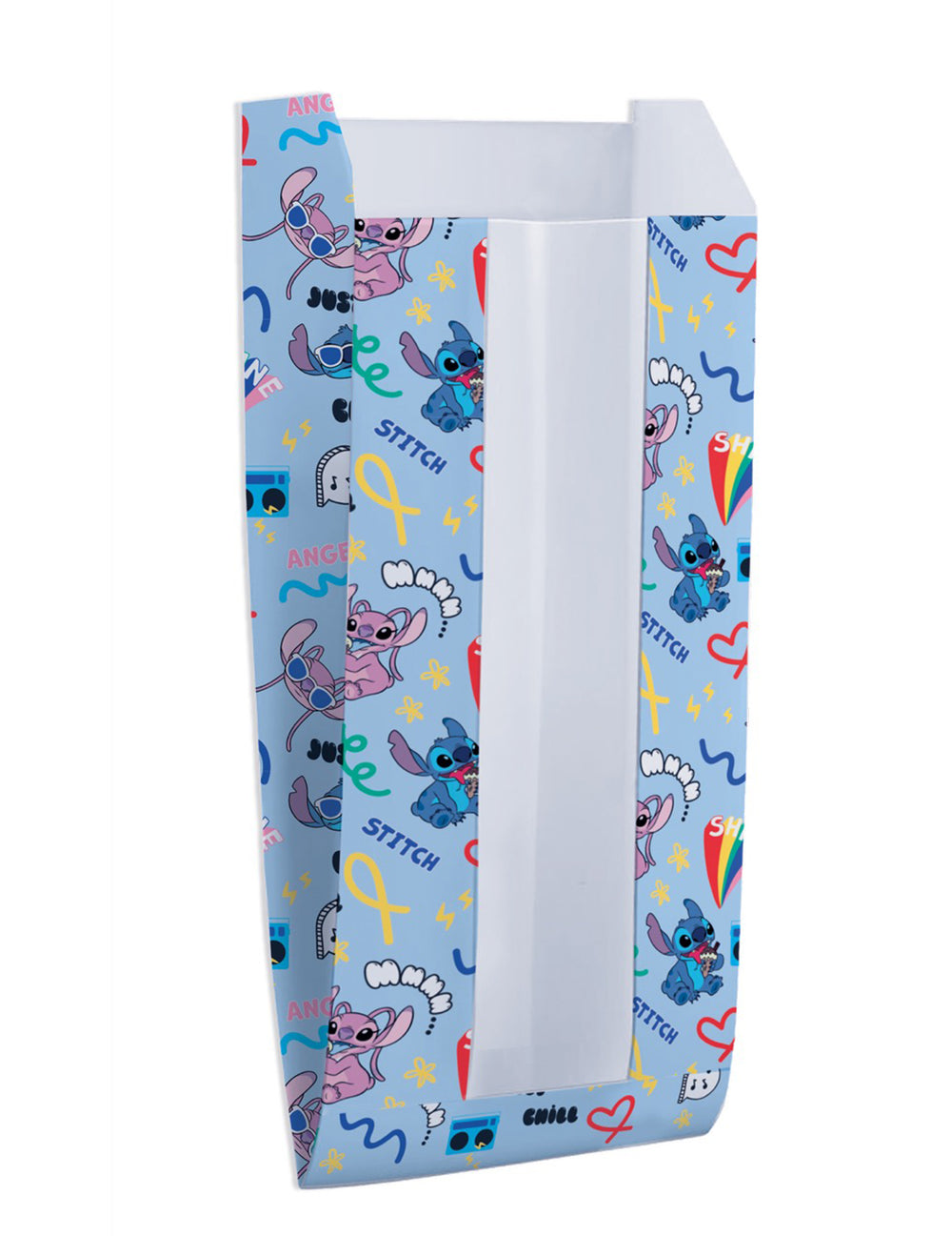Genți din hârtie cu fereastră Stitch pentru copil albastre cu modele Stitch și Angel