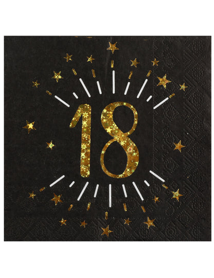 10 șervețele de hârtie La mulți ani, 18, negre și aurii, 33 x 33 cm stele aurii