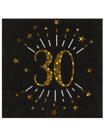 10 șervețele de hârtie negre și aurii cu steluțe „La mulți ani 30”