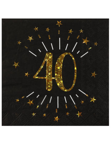 10 șervețele de hârtie negre și aurii „La mulți ani 40” cu steluțe aurii