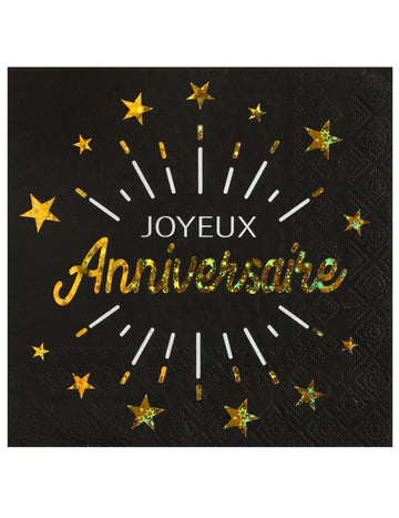 10 șervețele de hârtie negre și aurii cu mesajul „La mulți ani”, 33 x 33 cm cu stele