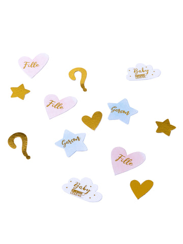 100 de confetti roz, albastre și aurii pentru dezvăluirea sexului unei fete sau a unui băiețel