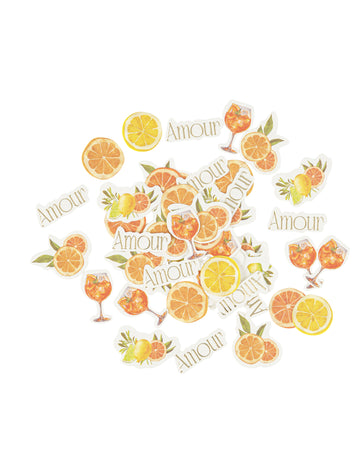 100 de confetti efervescente din hârtie, în culorile citricelor, în crem, portocaliu, galben și auriu, diverse modele