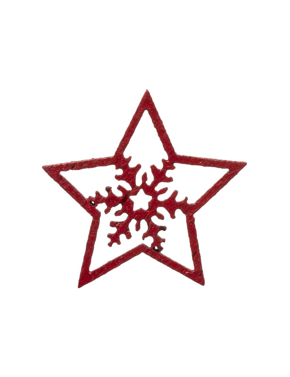 Prim-plan pe o stea dintre micile decorațiuni stea din lemn și fulgi roșii