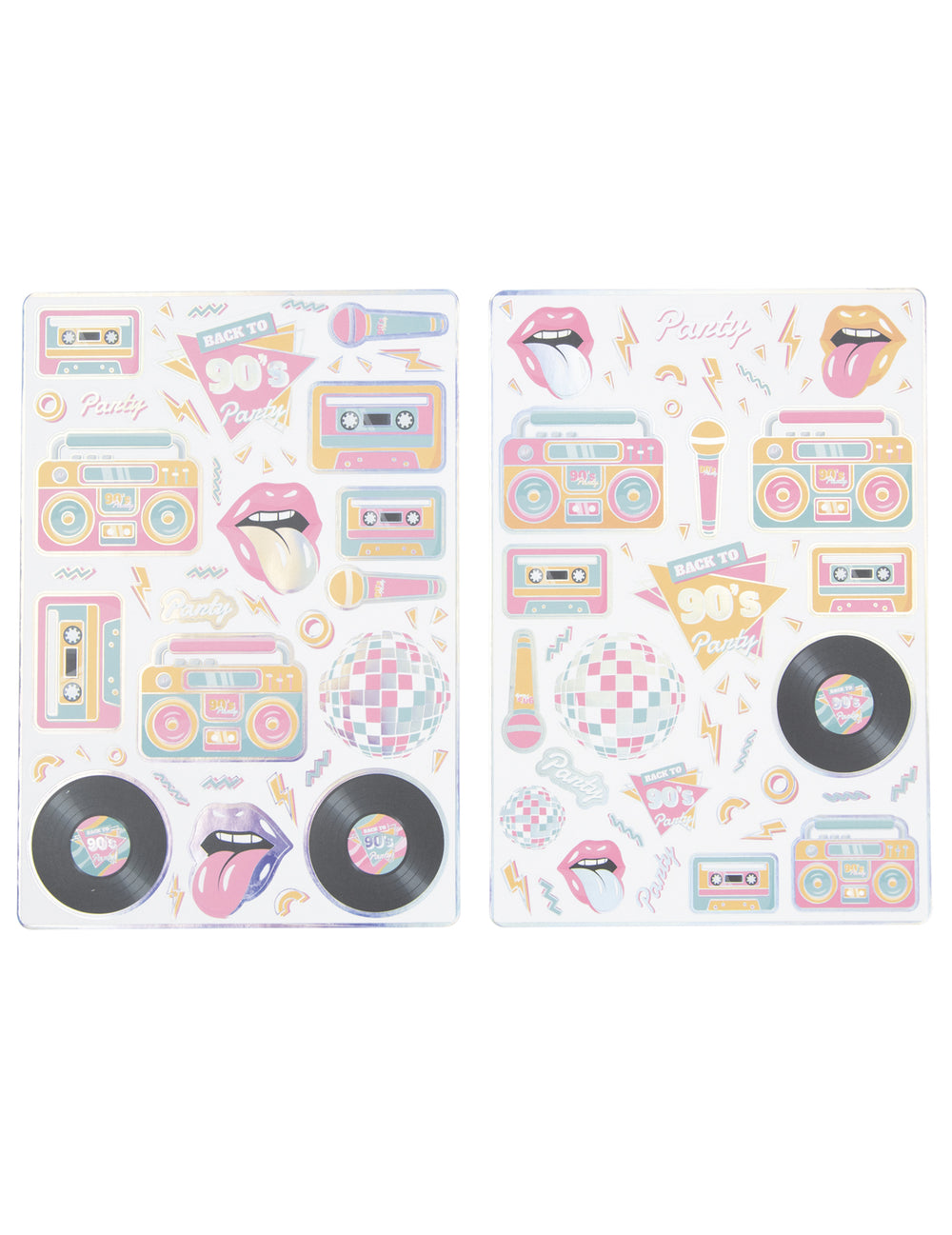 Stickers années 90 pour décoration de fête multicolores et holographiques