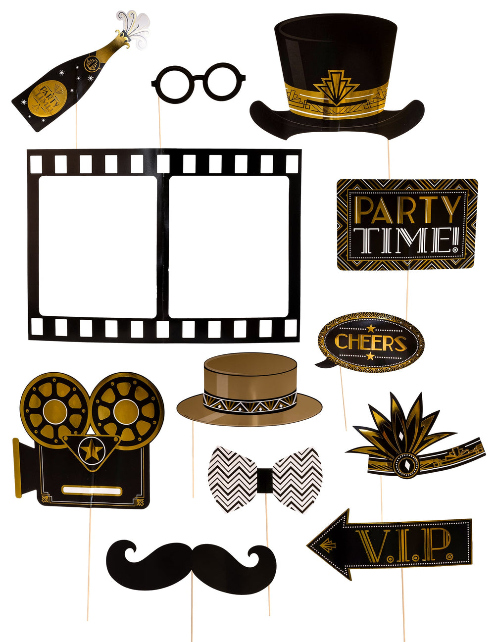 12 accessoires à photobooth Hollywood années folles et cinéma pour fête noir et doré