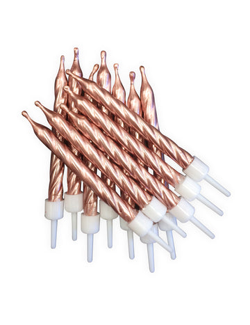 12 bougies d'anniversaire rose gold métallique 7,5 cm avec supports