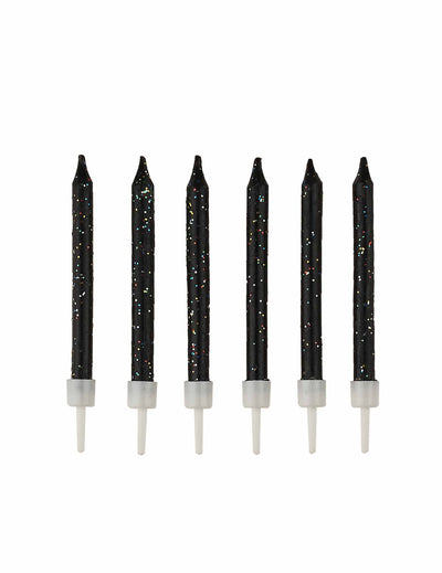 12 bougies à paillettes noires avec bobèches