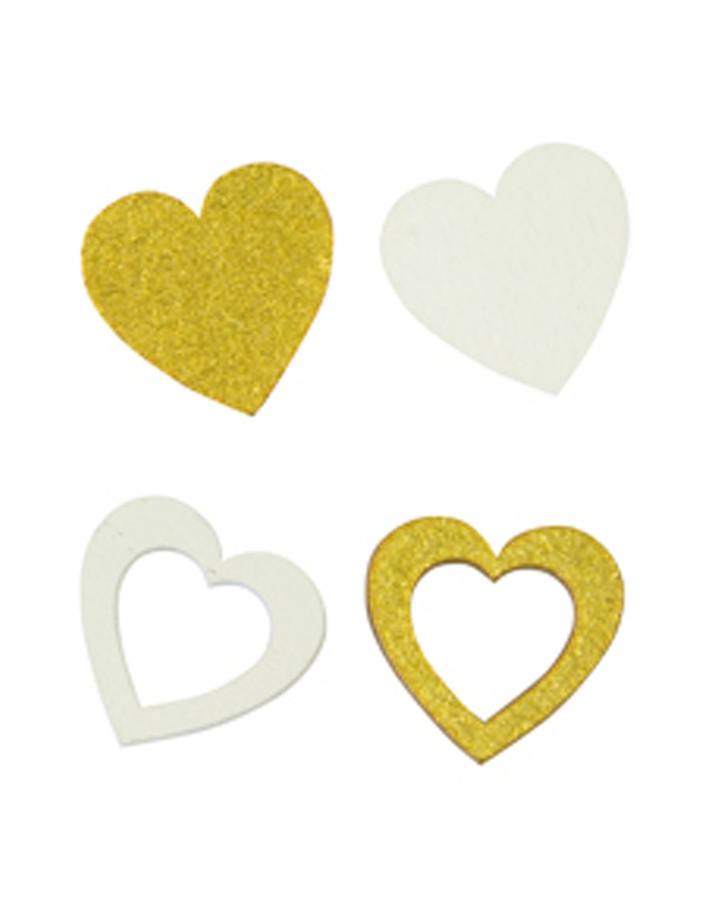 12 piese de confetti din lemn, inimioare albe și aurii, 2 x 2 cm ajurat și solid