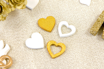 12 piese de confetti din lemn, inimioare albe și aurii, 2 x 2 cm ajurat și solid