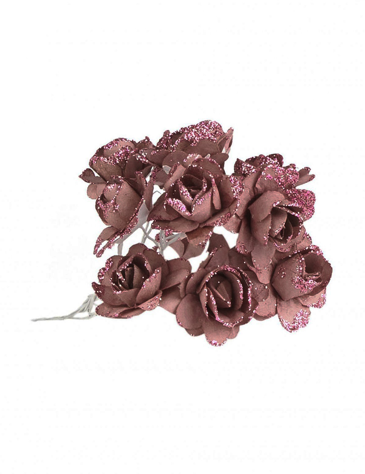 12 flori de hârtie cu sclipici auriu-roz 9 cm tulpină flexibilă