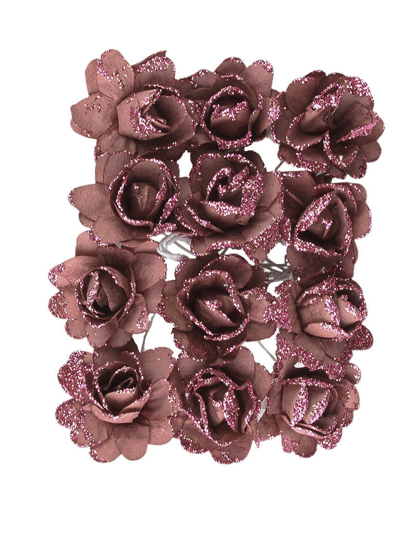 12 flori de hârtie cu sclipici auriu-roz 9 cm tulpină flexibilă