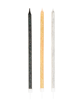 12 lumânări mari cu sclipici negre, aurii și gri 15 cm 