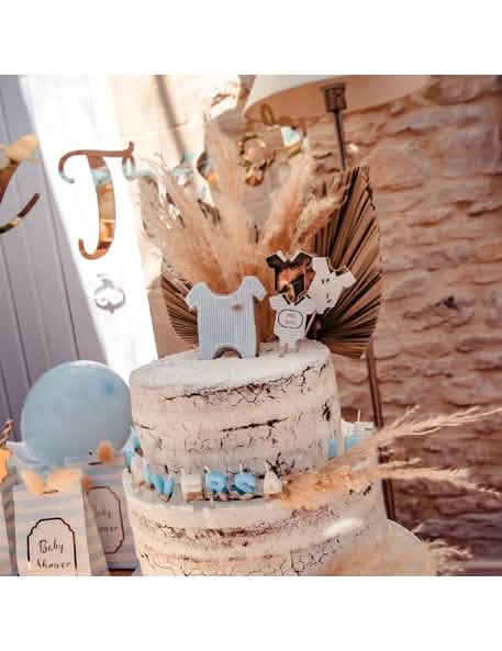 Detalii ale topperelor Petit Trésor pentru baby shower pe un tort