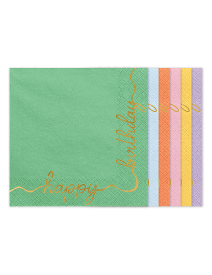 12 Serviettes en papier Happy Birthday pastel et or 33 × 33 cm