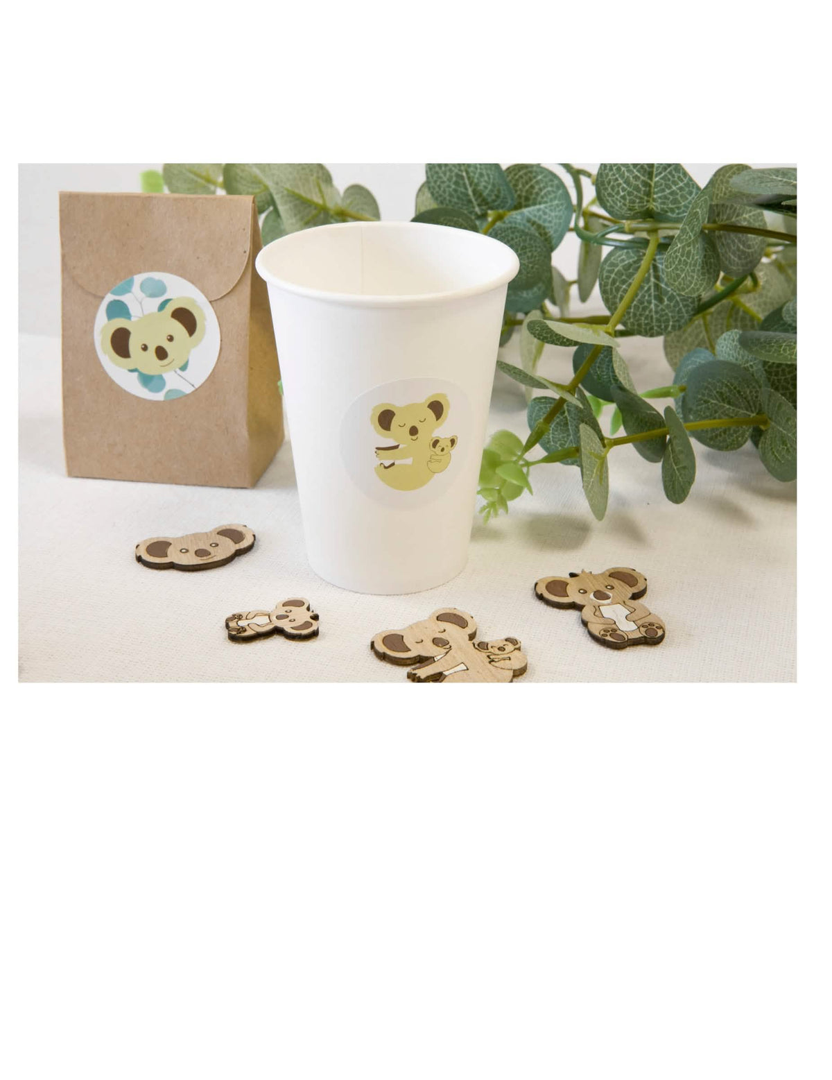 Mise en situation sur sachet et gobelet des stickers ronds Koala