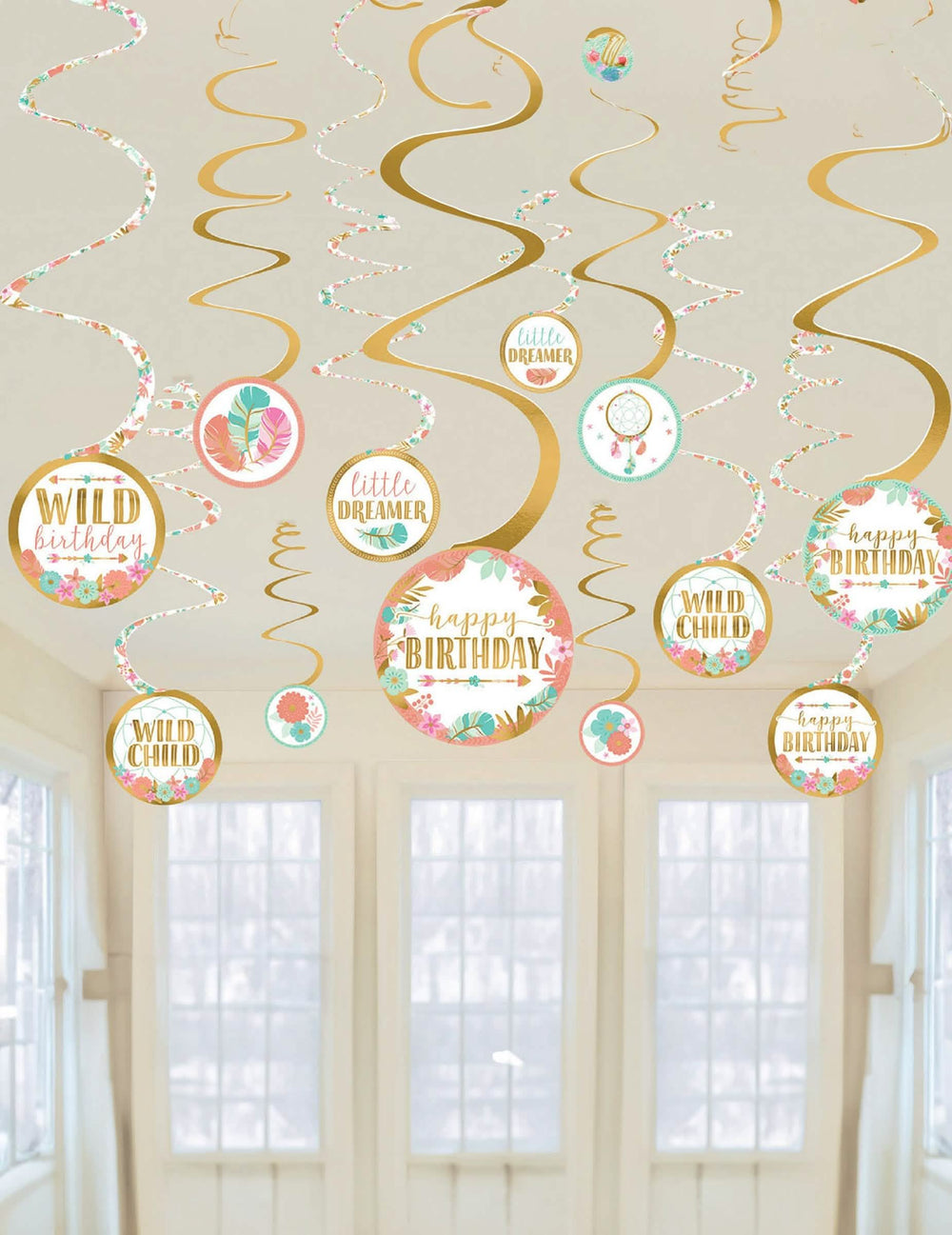 Suspensions à spirale anniversaire boho pour fête dorées et blanches avec motifs de plumes et fleurs