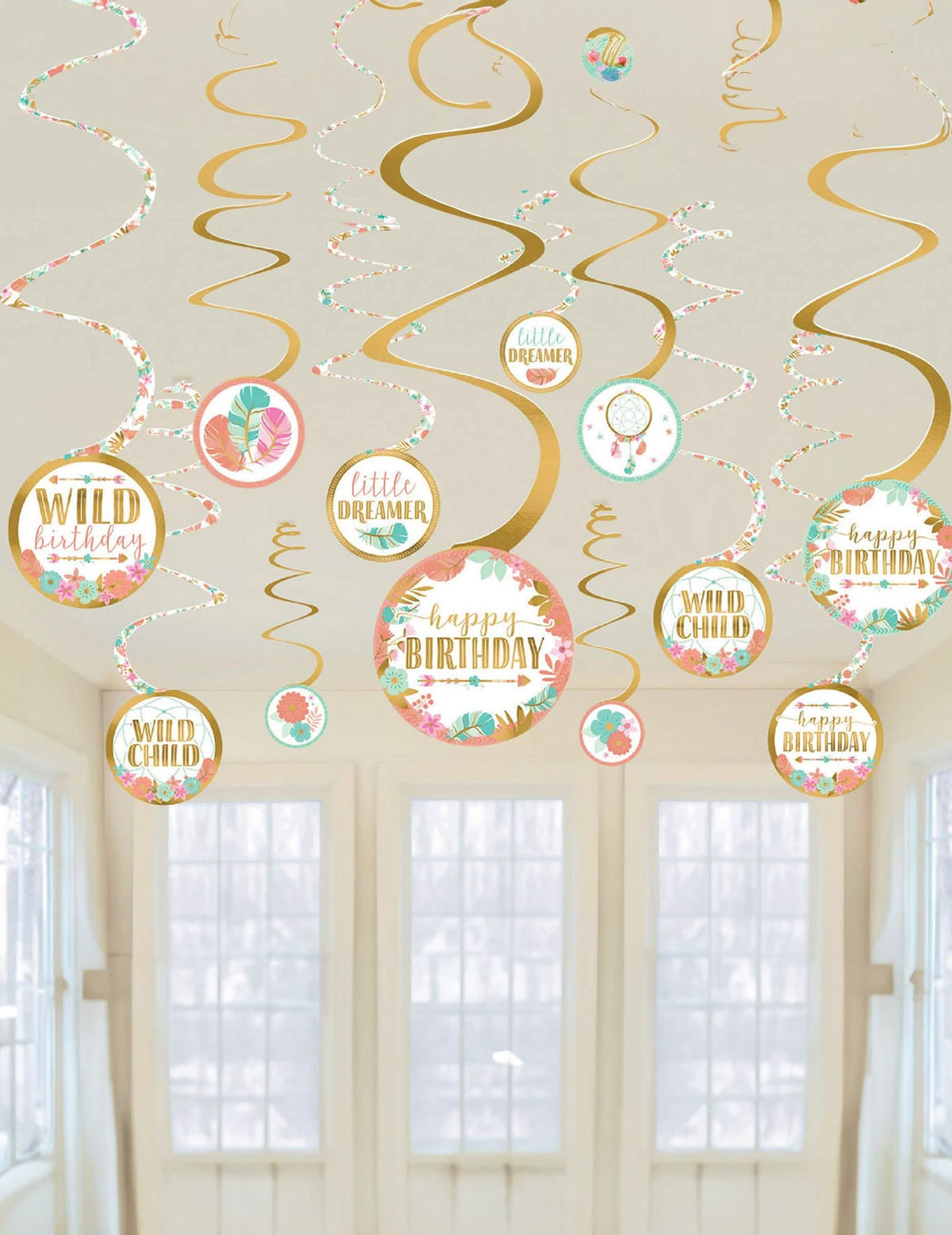 Suspensions à spirale anniversaire boho pour fête dorées et blanches avec motifs de plumes et fleurs