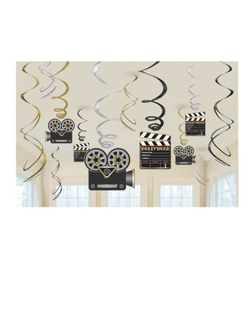 12 decorațiuni suspendate în spirală, din carton metalic Hollywood 60 cm aplauze și camere video
