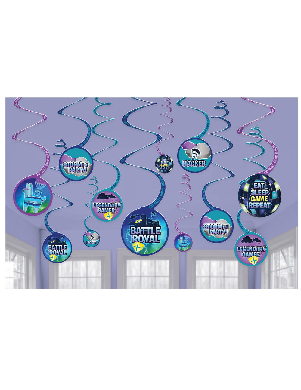Suspensions spirales Battle Royale pour fête bleues et violettes avec motifs gaming