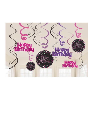 12 ornamente spiralate din carton, roz strălucitor, sărbătoare de ziua de naștere