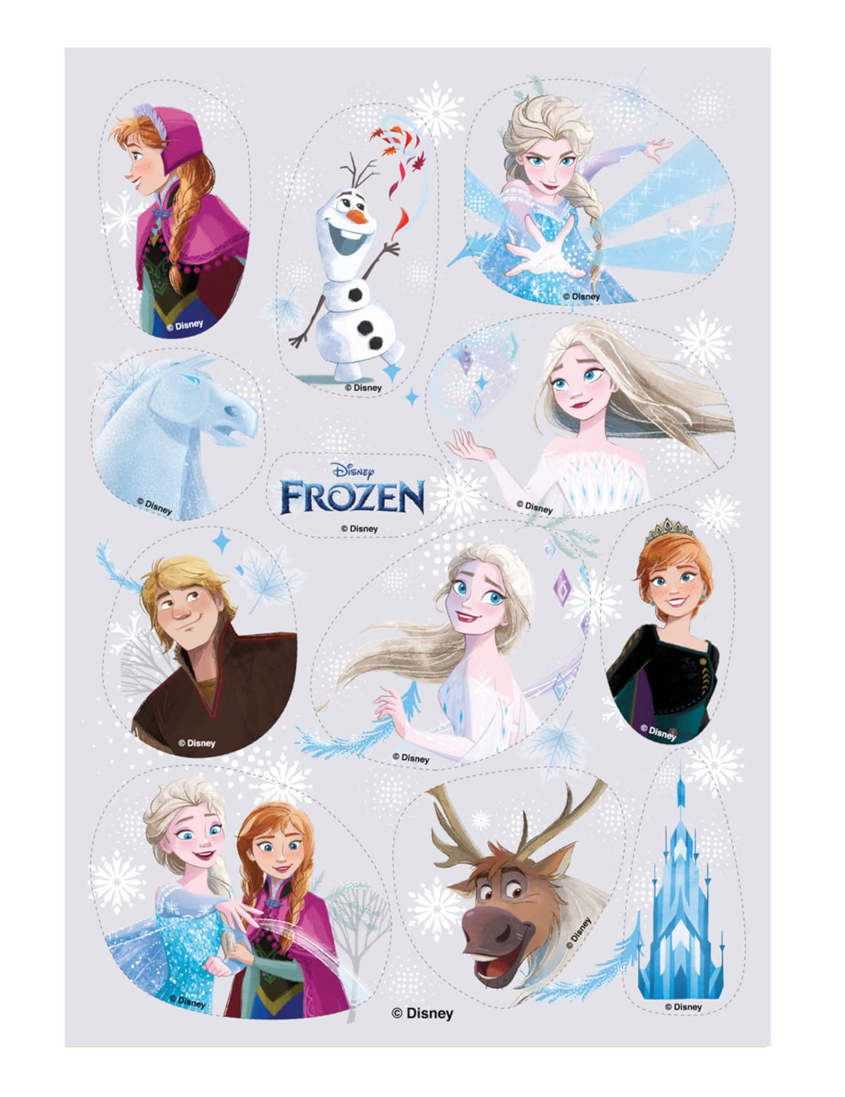 12 mini discuri din zahăr Regatul de Gheață multicolore cu Elsa, Anna și Olaf