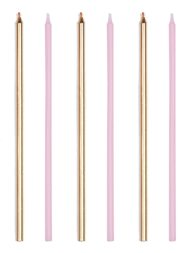 Bougies géantes d'anniversaire pour fête rose et doré métallique avec bobèches