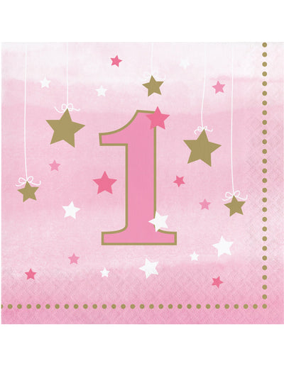 Serviettes en papier One Little Star pour 1 an rose et étoiles dorées
