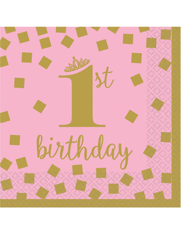 16 șervețele mici de hârtie roz și aurii pentru prima aniversare, 25 x 25 cm cm pentru prima aniversare