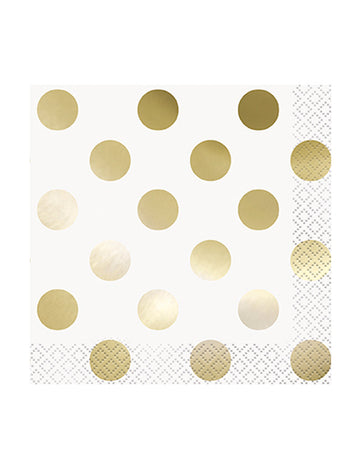 16 șervețele mici din hârtie albe cu buline aurii 25 x 25 cm pentru nuntă 