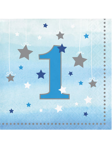 16 șervețele mici pentru prima aniversare a unui băiat, 25 x 25 cm cm stele albastre